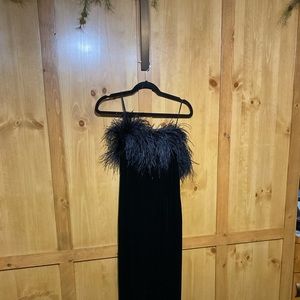 Fun! Feathers and velvet long dress.